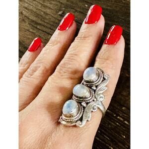 Vintage 925 Sterling Silver Three Cabochon Labradorite Stone Ring Size 7.5